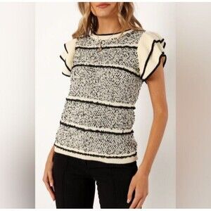 Skies Are Blue Womens Ivory Black Ruffle Frill Detail Ribbed Hem Sweater Size M